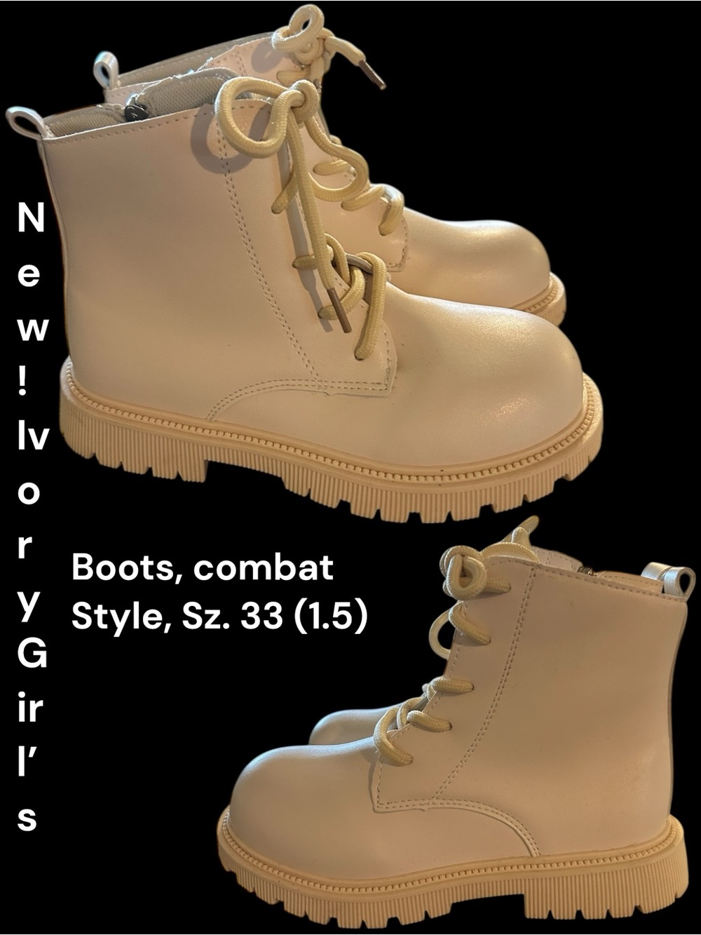 NEW! SHEIN Ivory Combat Lace-Up Kids Boots